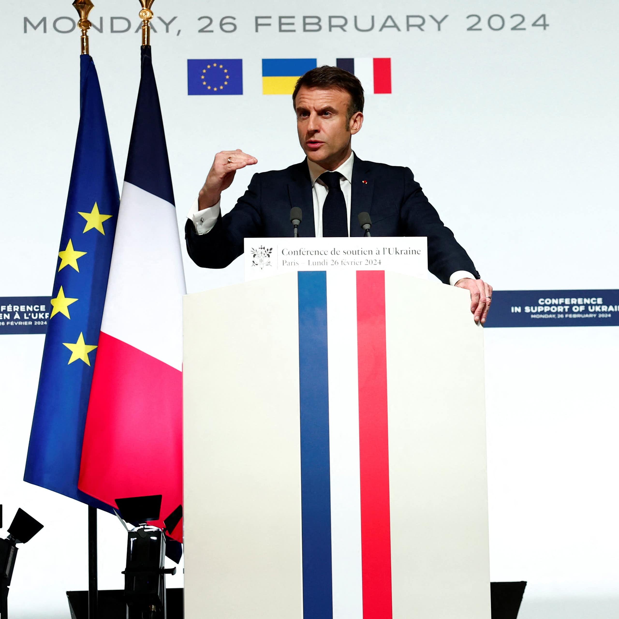 French president Emmanuel Macron gestures as he makes a speech at a conference in support of Ukraine, February 2024.