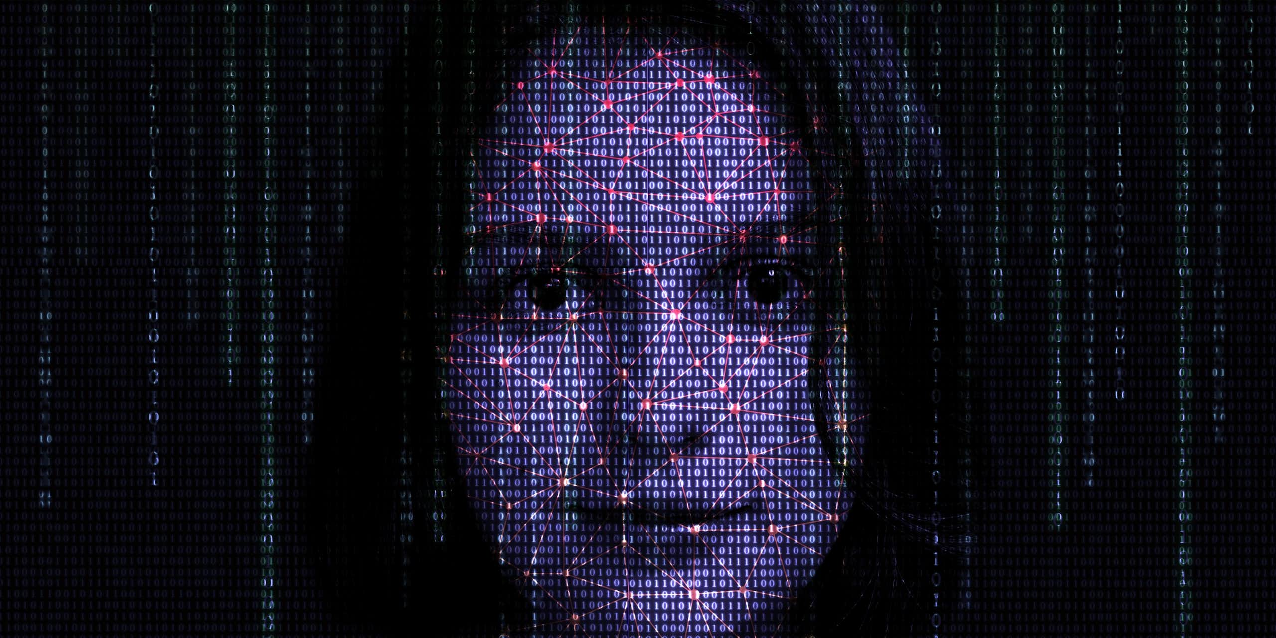 ilustração do rosto de uma mulher com coordenadas digitais